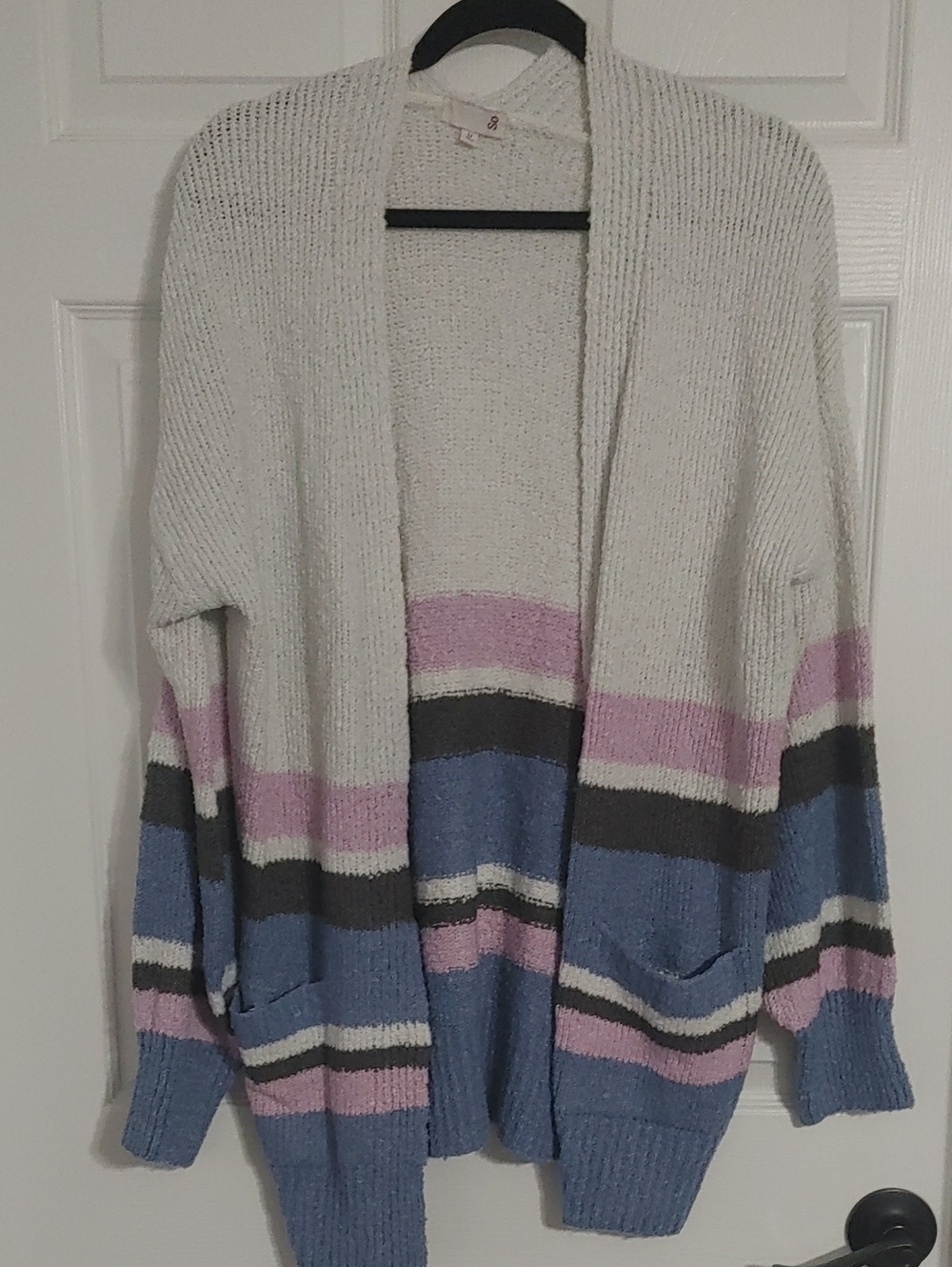SO Open-Front Striped Cardigan Soft Sweater in Cream, Blue & Pink Oversized Md